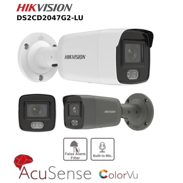 Hikvision 4MP ColorVu Fixed Mini Bullet IP Camera DS-2CD2047G2-LU  With Strobe Light and Mic White & Grey