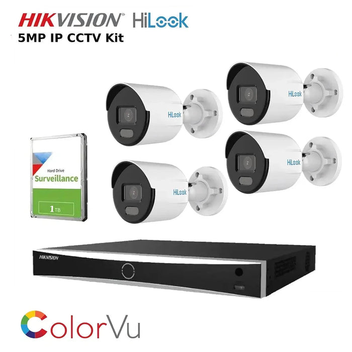 Hikvision HiLook 5MP 4CH IP ColorVu CCTV Kit with 4CH Hikvision NVR and 1TB HDD - Bullet