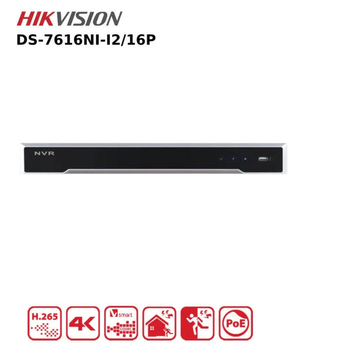 Hikvision 16 Channel 8MP NVR DS-7616NI-I2/16P 12MP PoE 16 Channel NVR With 2HDD Bays