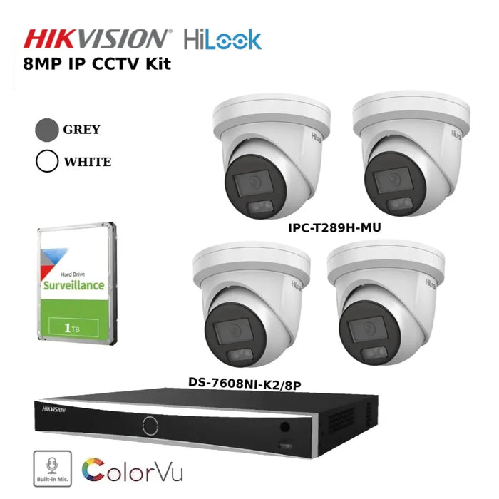 Hikvision 8MP 4K 4CH IP ColorVu Kit with 8CH Hikvision NVR, 8MP HiLook IP Turrets and 1TB HDD