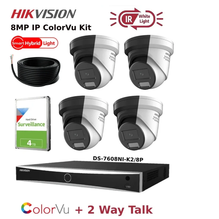 Hikvision 4CH 4K Hybrid ColorVu + IR IP CCTV Kit - 8MP 4K Cameras DS-2CD2387G2H-LISU/SL with 8CH NVR and 4TB HDD - Offer