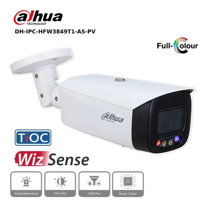 8MP Dahua IPC-HFW3849T1-AS-PV WizSense, TiOC IP67 8MP Fixed Lens, 30M Active Deterrence IP Bullet Camera, White