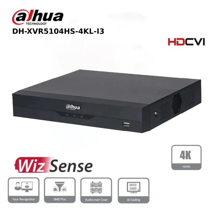 4 Channels Dahua DH-XVR5104HS-4KL-I3 4 Channels Penta-brid 4K-N/5MP Compact 1U 1HDD WizSense Digital Video Recorder