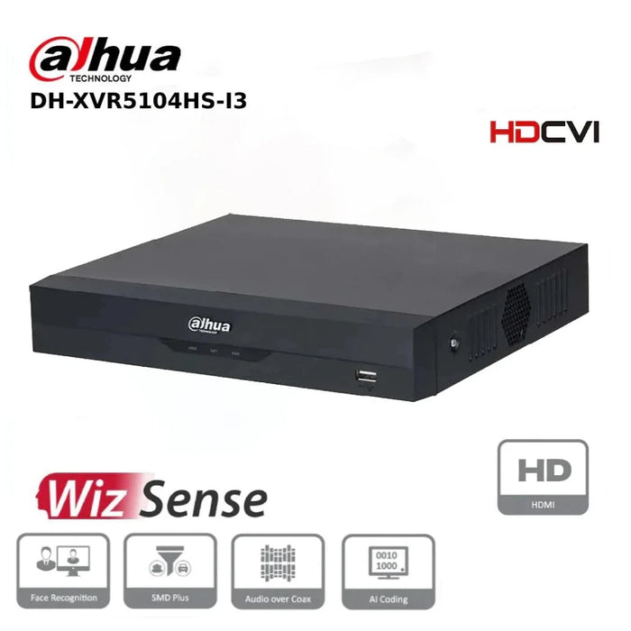 4 Channels Dahua DH-XVR5104HS-I3 4 Channels Penta-brid 5M-N/1080P Compact 1U 1HDD WizSense Digital Video Recorder