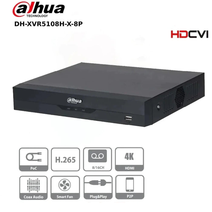 8 Channels Dahua Dahua XVR5108H-X-8P 8CH PoC 1080P Compact Hybrid DVR