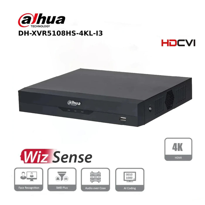 8 Channel Dahua DH-XVR5108HS-4KL-I3 8 Channel Penta-brid 4K-N/5MP Compact 1U 1HDD WizSense Digital Video Recorder