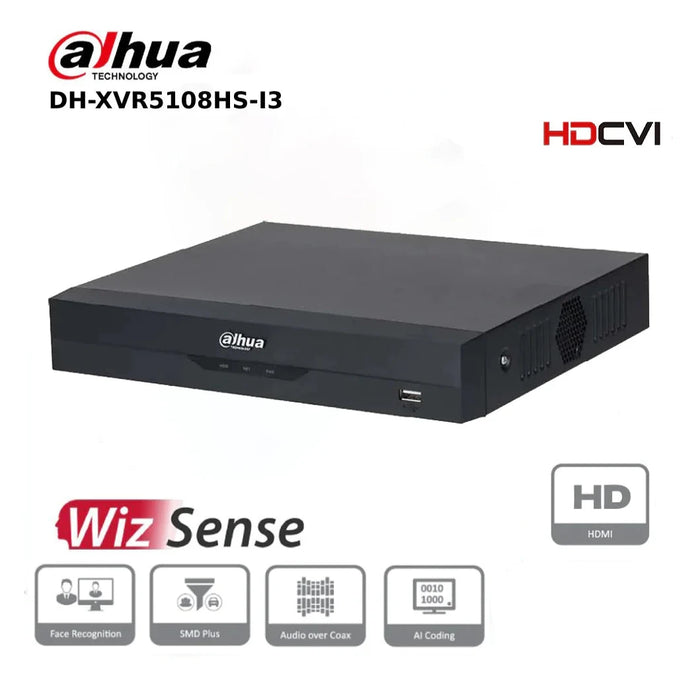 8 Channels Dahua DH-XVR5108HS-I3 8 Channels Penta-brid 5M-N/1080P Compact 1U 1HDD WizSense Digital Video Recorder