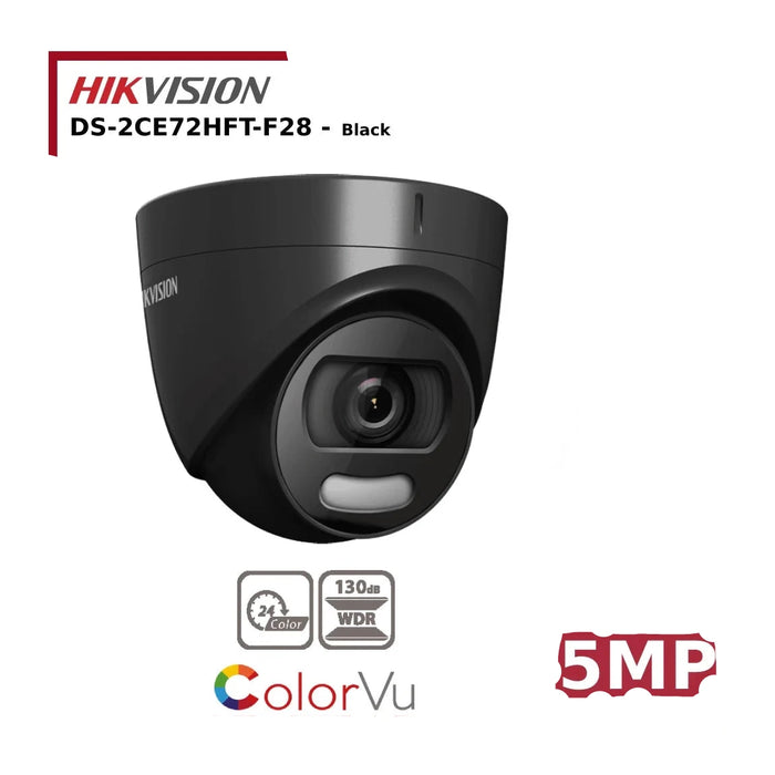 Hikvision 5MP ColorVu Camera DS-2CE72HFT-F28 TVI Fixed Lens Turret , White Light - Black