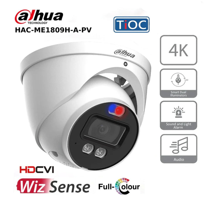 8MP Dahua DH-HAC-ME1809HP-A-PV 8MP HDCVI TiOC Active Deterrence HDoC Fixed Lens Eyeball Turret Camera 2.8MM White