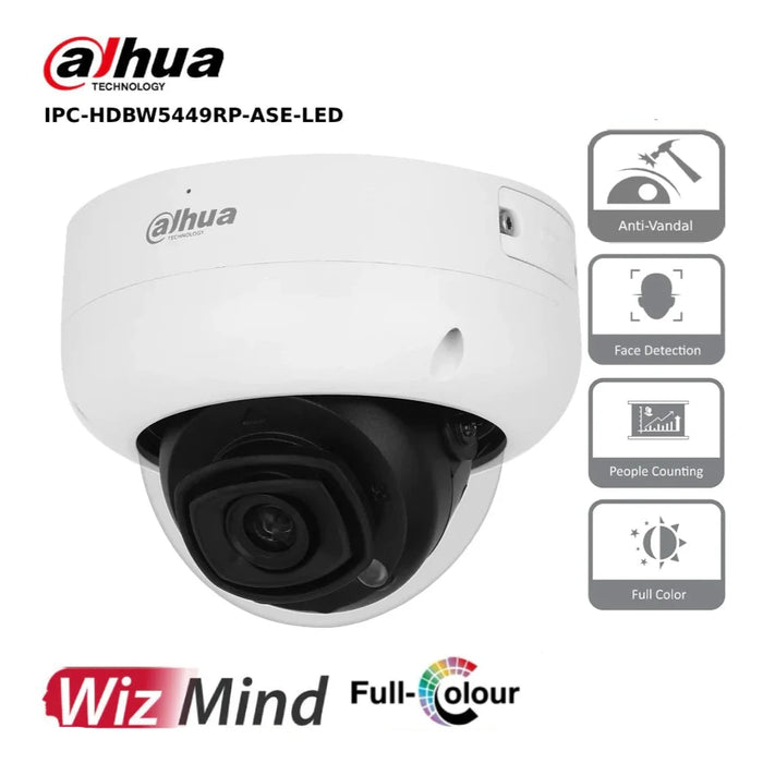 4MP Dahua IPC-HDBW5449RP-ASE-LED - WizMind AI Series Full-Colour IP Anti-Vandal Dome - White