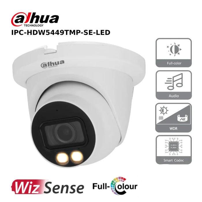 Dahua 4MP IP Camera IPC-HDW5449TMP-SE-LED - WizMind AI Series Full-Colour IP Turret Camera - White