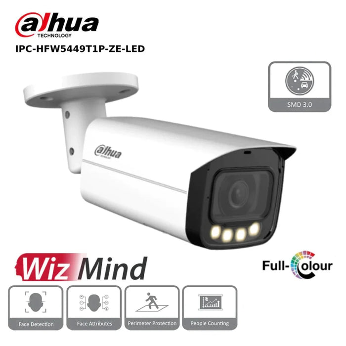 4MP Dahua IPC-HFW5449T1P-ZE-LED - WizMind AI Series Full-Colour IP Vari-Focal Bullet Camera - White