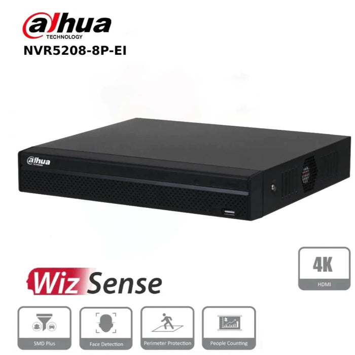 Dahua 8 Channel NVR5208-8P-EI 8PoE 2HDD WizSense AI Pro NVR with 384Mbps Bandwidth