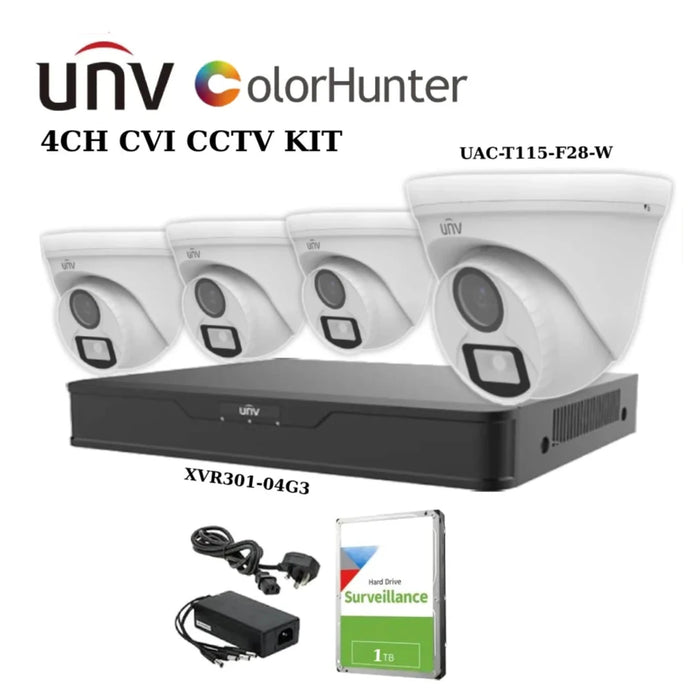 UNV 5MP 24Hr Colour CVI CCTV Kit with 4CH DVR + 4 x UAC-T115-F28-W ColourHunter Turret Cameras + 1TB HDD + PSU