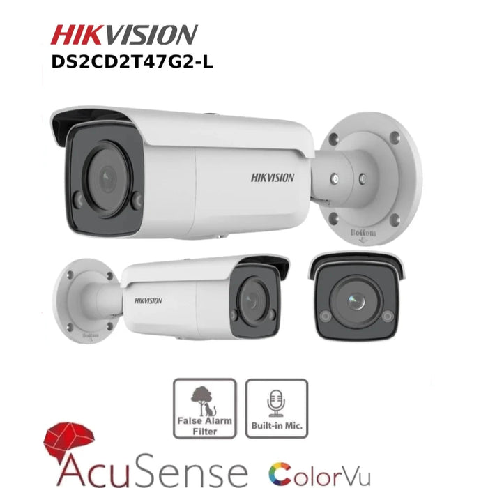 Hikvision 4MP IP Camera DS-2CD2T47G2-L ColorVu Fixed Bullet With Mic, Strobe Light & Acusense