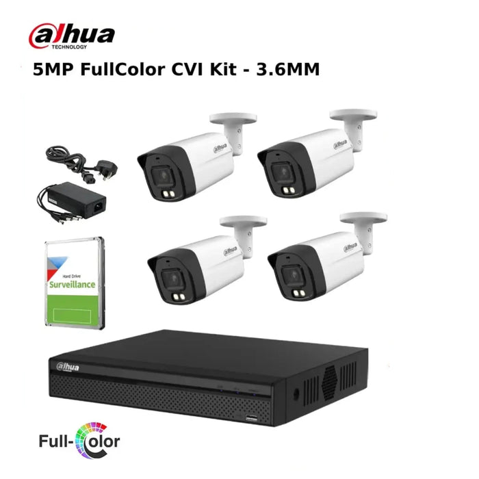 5MP 4 Camera CVI CCTV Kit + 4CH DVR - DH-HAC-HFW1509TLM-A-LED FullColor Bullet Cameras 3.6MM + 4CH XVR + 1TB HDD + PSU