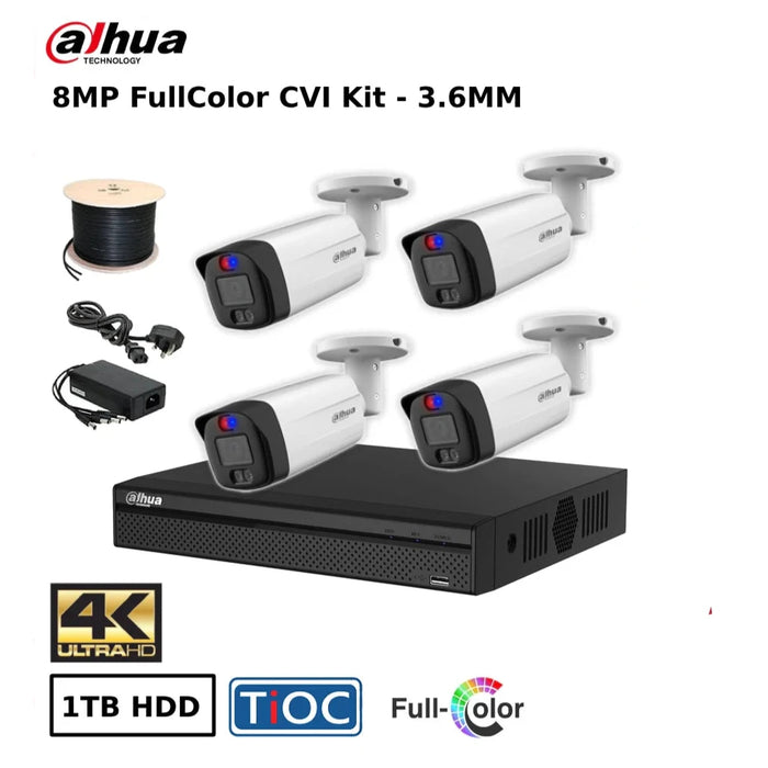 8MP 4 Channel 4K CVI CCTV Kit - 4 x ME1809THP-A-PV 4K TiOC Bullet Cameras 3.6MM + 4CH 4K XVR + 1TB HDD + PSU